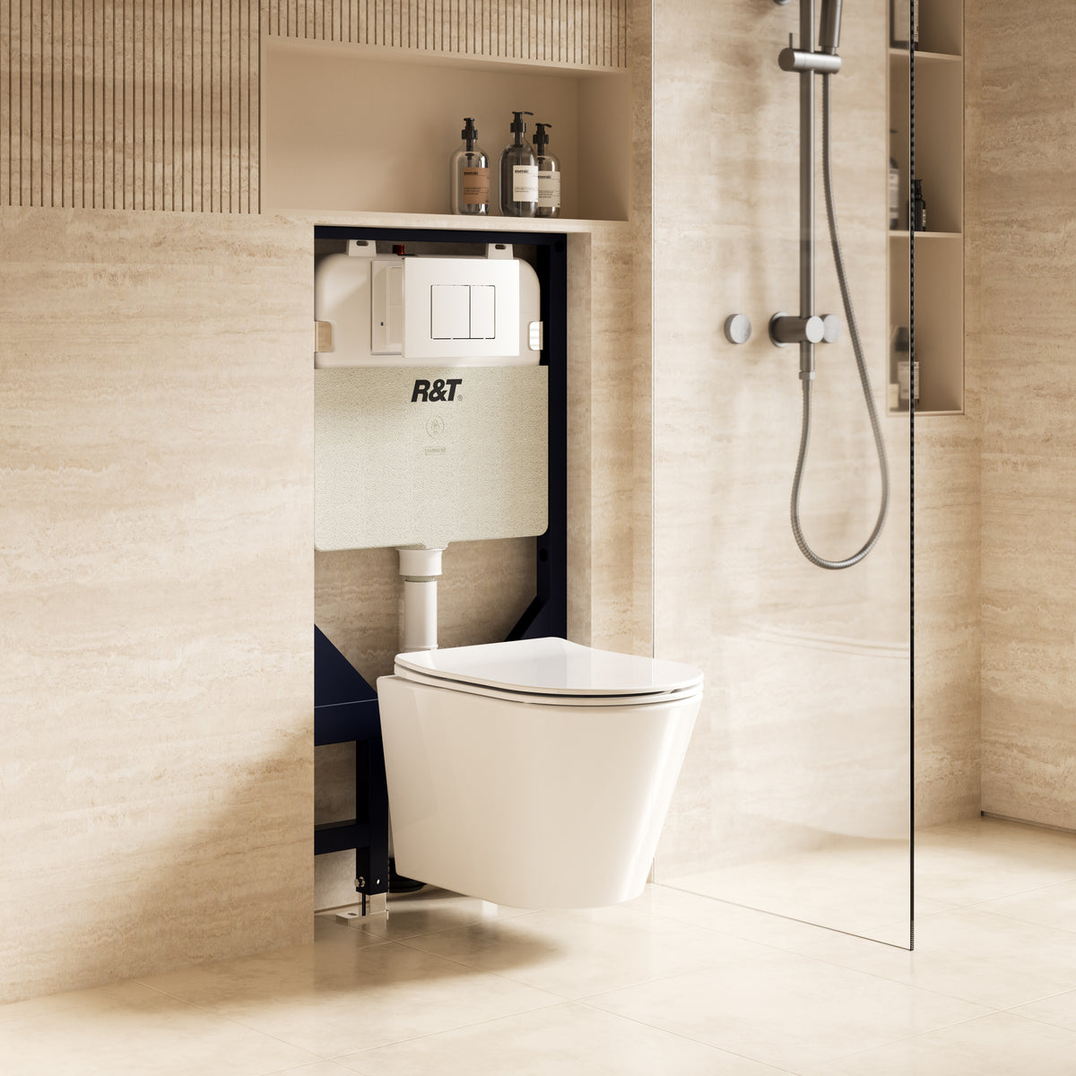 CHLOE In-Wall, Wall Hung Toilet Suite with Gun Metal Button
