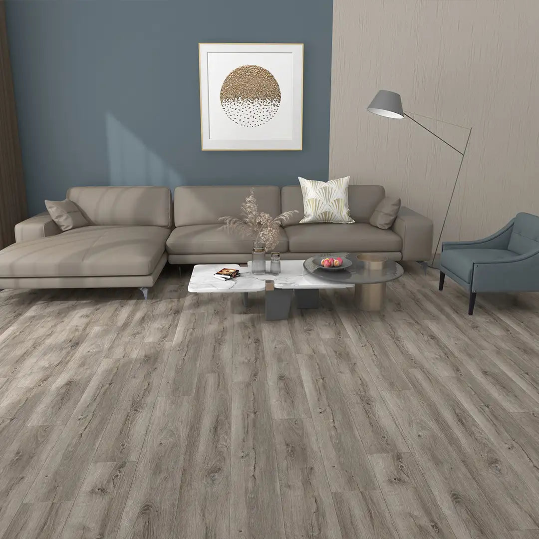 Detailed view of waterproof grey wood floor hybrid