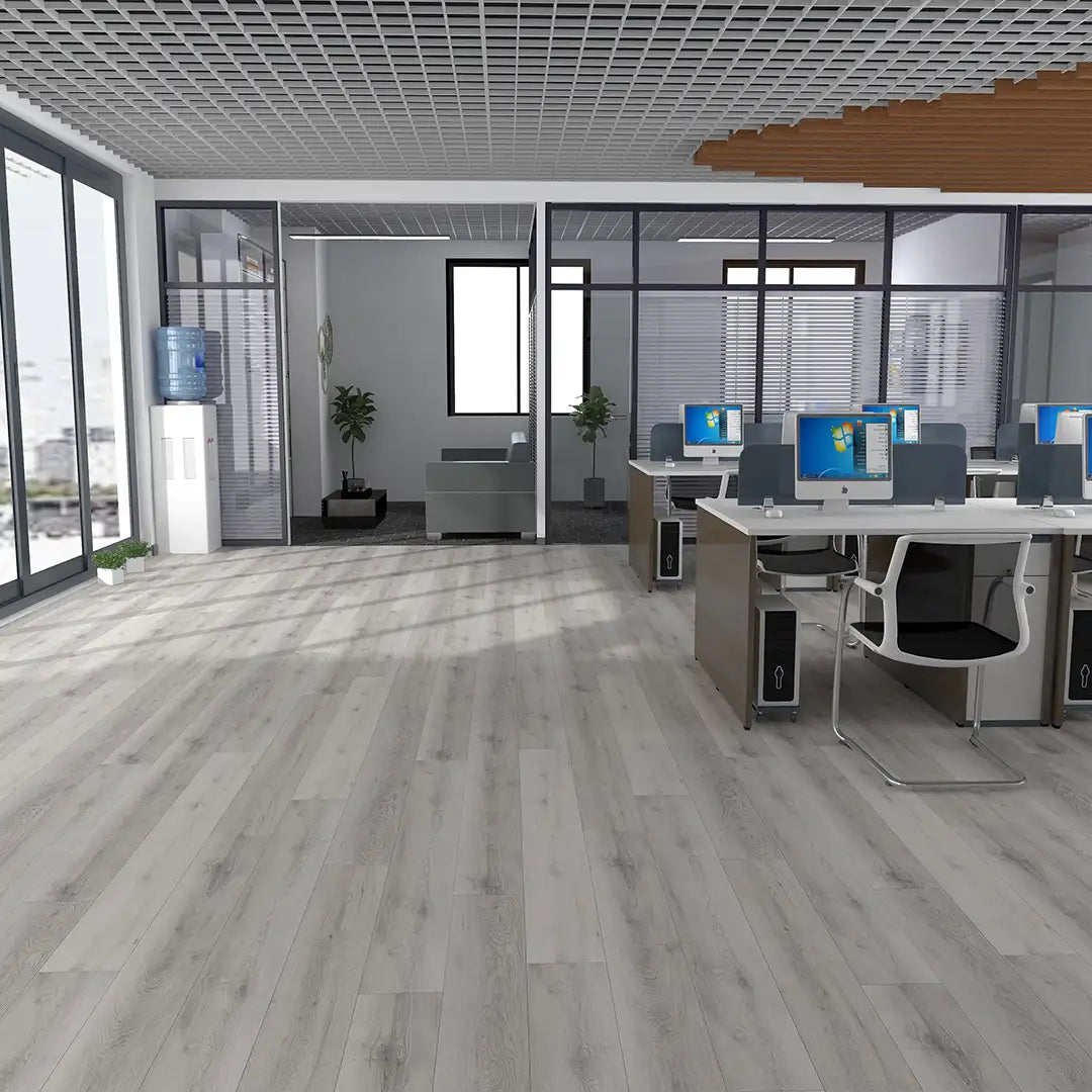 Office hybrid flooring: grey wood texture