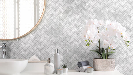 Tundra White Herringbone Mosaic in room setting