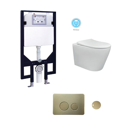 CHLOE In-Wall, Wall Hung Toilet Suite with Brushed Brass Button