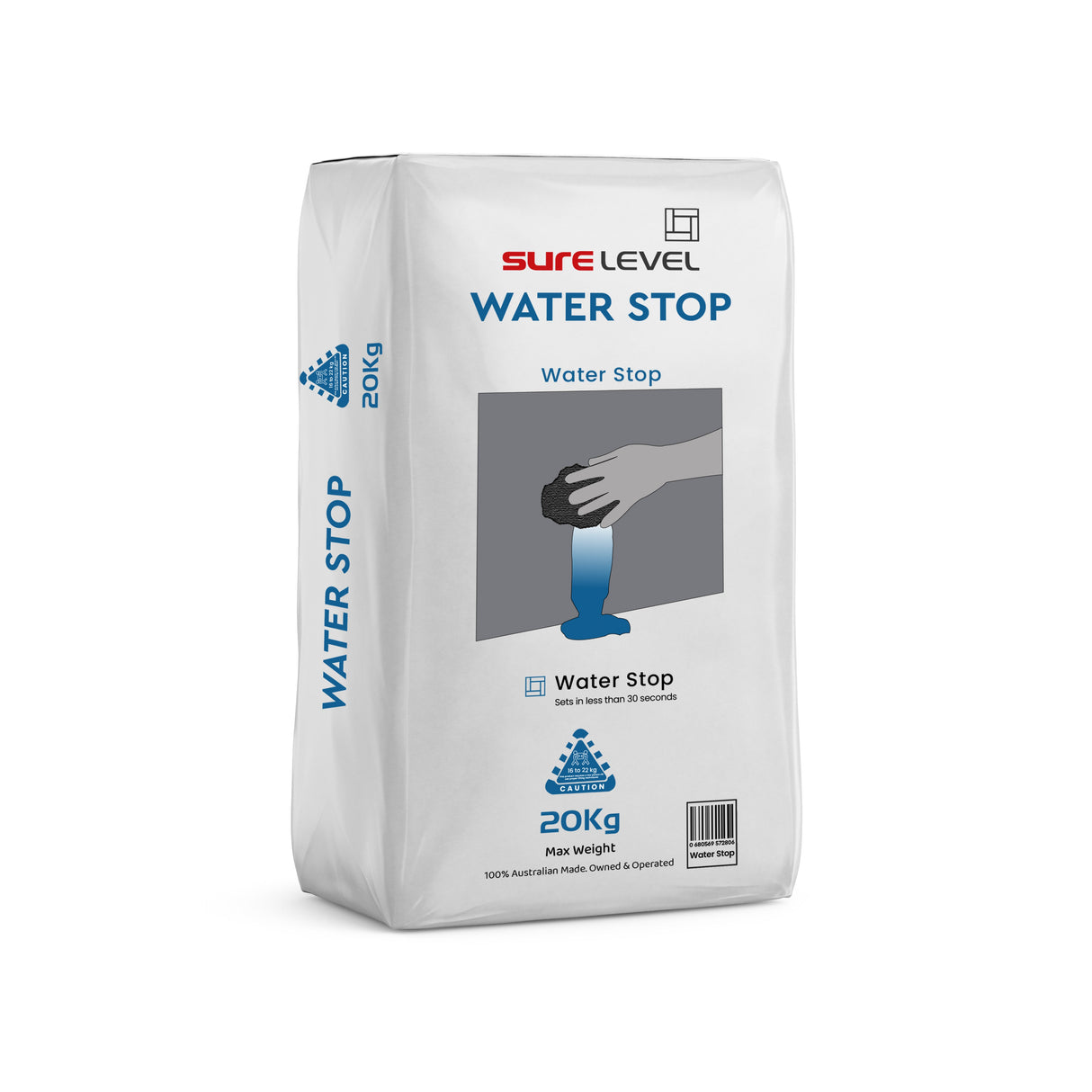 A bag of water stop cement, used for sealing leaks and cracks in concrete structures.